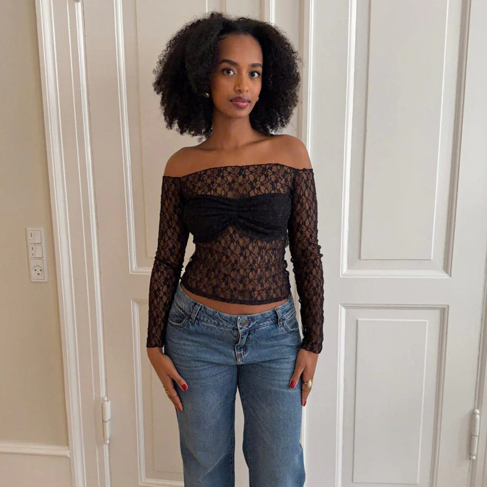 欧美风女装春夏新款修身辣妹透视收腰显瘦蕾丝一字肩长袖上衣