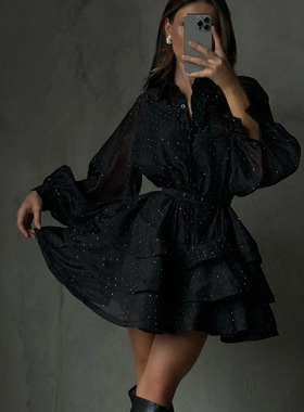 休闲时尚黑色镶钻a字连衣裙女装2025秋季新款翻领长袖高腰蓬蓬裙