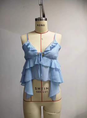 蓝色荷叶边吊带小背心女夏季修身不规则绝美欲短款上衣外穿