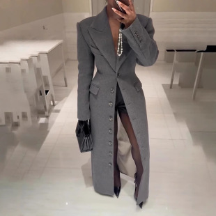 长款 2025秋季 单排扣灰色时尚 新款 外套 欧美气质外贸女装