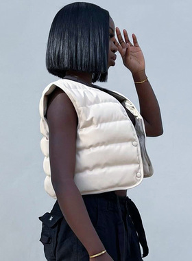 G22TP198欧美女装2022秋冬新款无袖开衫保暖外套短袖背心棉衣