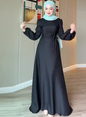 2025年秋季新款女装欧美外贸长袖黑色收腰系带简约长裙