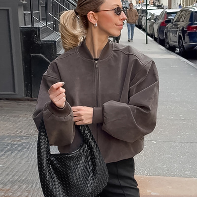 秋冬复古灰麂皮绒针织V领时尚长袖宽松外套欧美休闲通勤夹克外衣