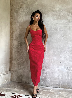 风性感露背缩褶吊带连衣裙欧美2025秋季新款修身包臀裙yl25207