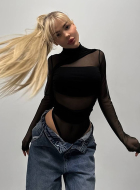 夜店风性感黑色透视网纱不规则半高领T恤辣妹显瘦轻薄长袖连体衣