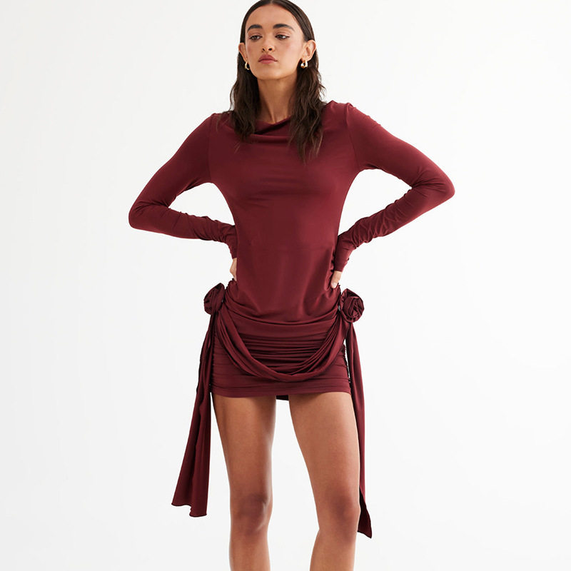 欧美秋冬款性感辣妹装一字肩修身长袖立体花朵飘带短款连衣裙