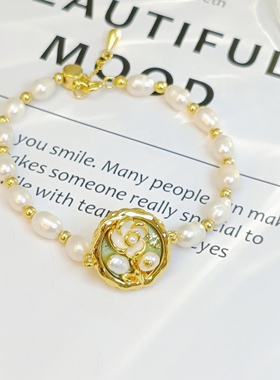 中古绿色油画风珍珠夏日限定淡水珍珠珐琅釉法式宫廷复古手链女