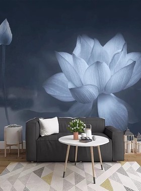 中式蓝色淡雅荷花客厅沙发电视背景墙壁画手绘荷花装饰画无缝墙布
