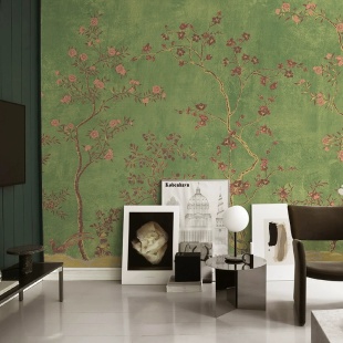 绿色美式 花鸟电视背景墙壁纸定制壁画无缝墙布 复古墙纸新中式