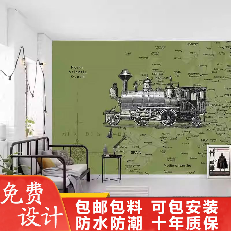 3D现代北欧儿童房墙纸客厅书房卧室床头墙布创意火车地图装饰壁画图片