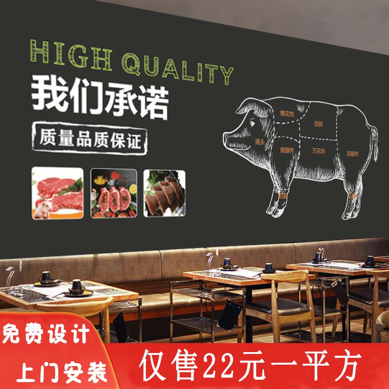 生猪肉墙纸猪部位分割图装饰壁纸烤肉烧烤店背景墙超市生鲜区墙布