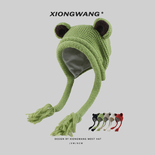 开版 设计小众可爱青蛙包头帽加绒加厚护耳帽显脸小套头雷锋帽秋冬