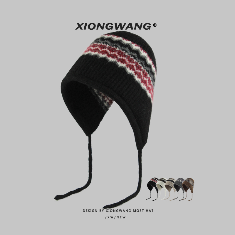 费尔岛含羊毛提花针织护耳帽女单层针织毛线帽圆顶秋冬保暖包头帽