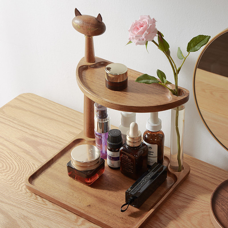 入户门口玄关钥匙收纳摆件实木轻奢高档双层置物架桌面杂物收纳盒