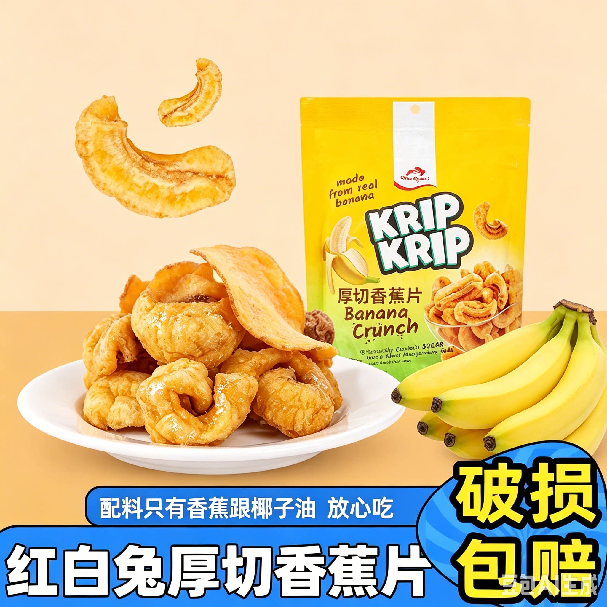 红白兔厚切香蕉片80g袋装香蕉干脆片果干解馋追剧小零食印尼进口