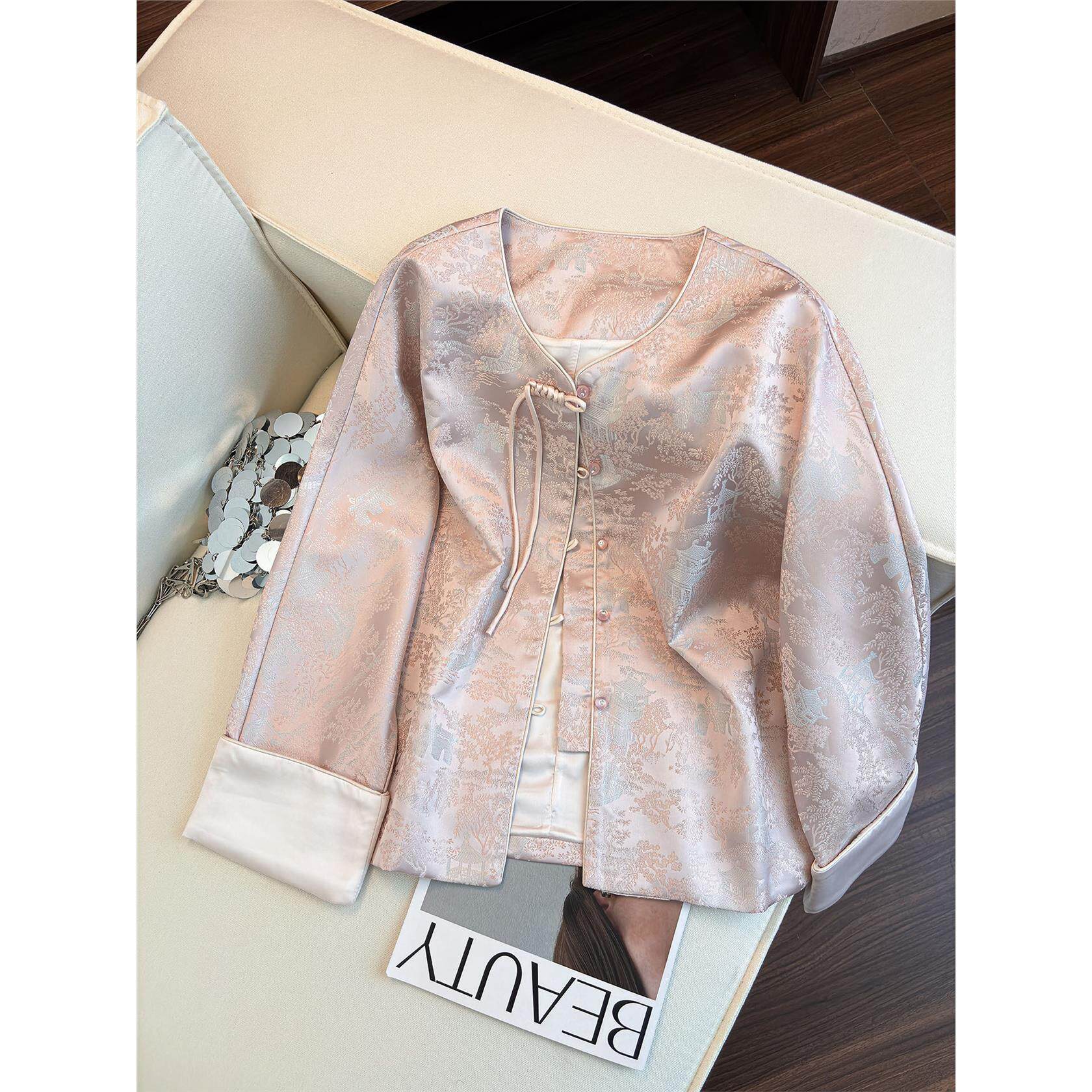 粉色绝美新中式国风元素外套女薄款早秋季2025新款宋锦盘扣上衣