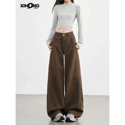 美拉德棕咖色阔腿牛仔裤