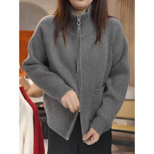 立领拉炼 炼 长袖针织衫春装2025新款大尺码胖mm慵懒风宽松毛衣开