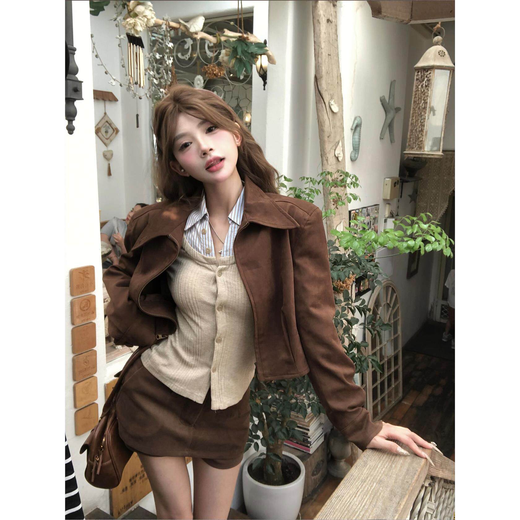 七颗虾滑咖色外套秋季女装麂皮绒今年流行爆款覆古高级感正肩上衣