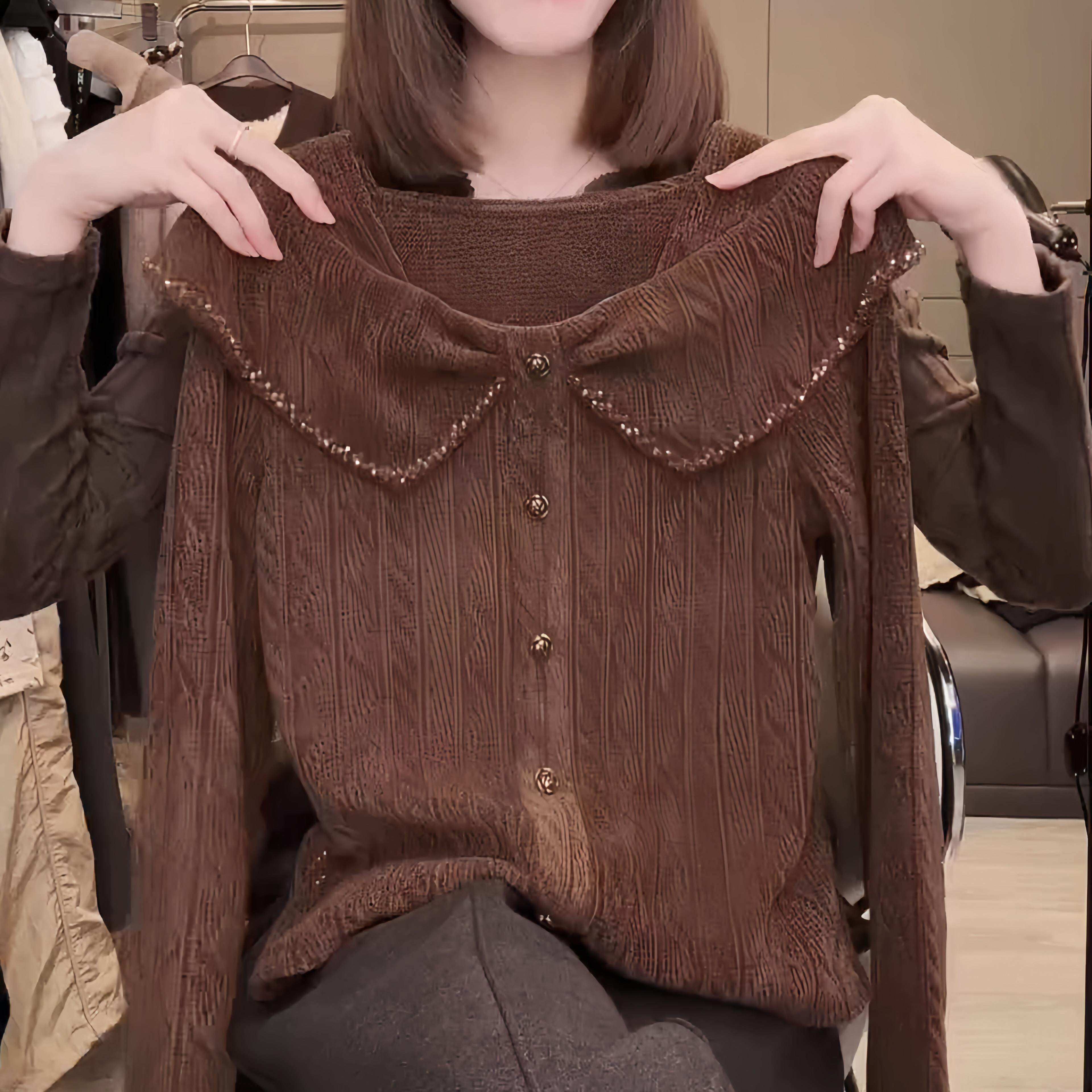 高级感重工串珠翻领T恤针织衫女秋冬新款洋派小衫气质打底衫上衣