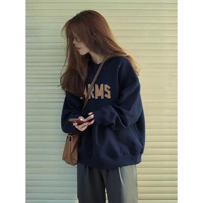 藏蓝色圆领卫衣女加绒加