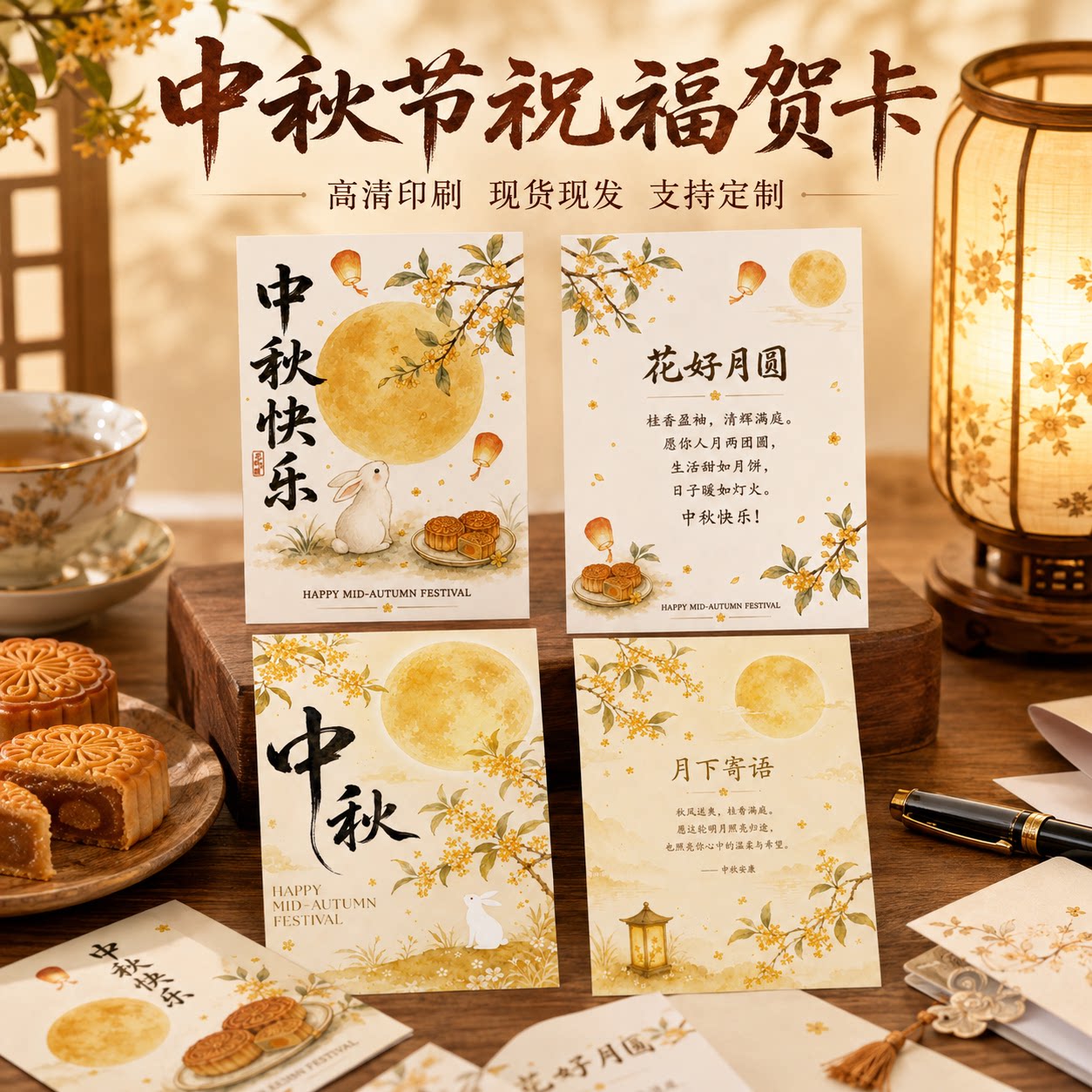 中秋节新中式贺卡花好月圆卡片装饰伴手感谢卡月饼礼盒内附卡节庆送礼祝福卡企业商务中秋礼品包装配卡现货