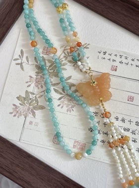 国风金丝玉蝴蝶长款璎珞背云流苏绝美百搭长款项链汉服古风配饰品