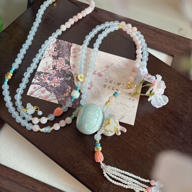 国风唯美汉服新中式项链配饰超长春季淡雅蓝粉斜挎背链收腰项链女