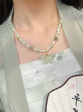 清新岫玉吊坠绿色短璎珞国风汉服新中式日常百搭配饰锁骨链项链女