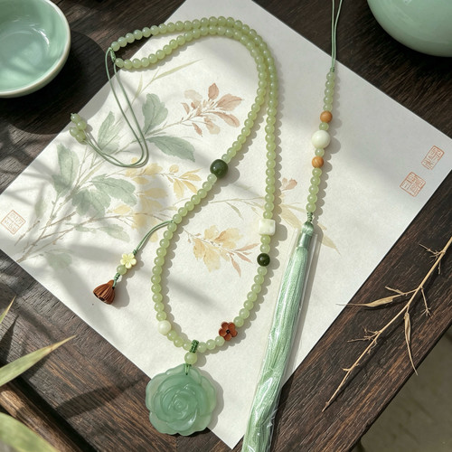 国风玫瑰花岫玉项链无金属浅绿清新不对称设计璎珞背云汉服配饰品