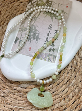 岫玉花锁珍珠璎珞无金属项链国风新中式汉服旗袍简约百搭项链配饰