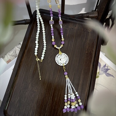 国风优雅紫色蝶贝雕刻凤牌长璎珞汉服旗袍项链高级送礼古风毛衣链