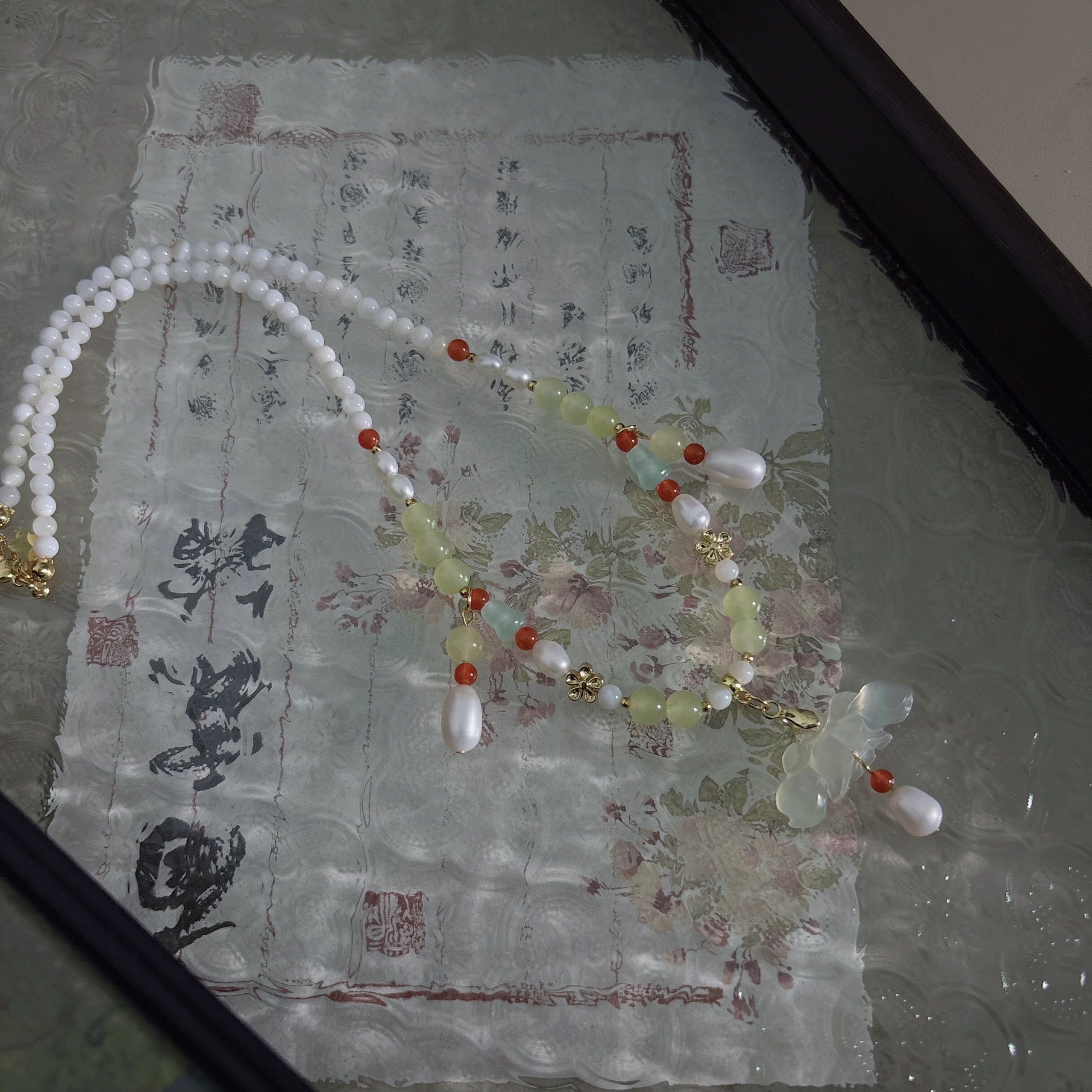 国风汉服莲花岫玉吊坠淡水珍珠短款璎珞项链百搭清新可调节锁骨链