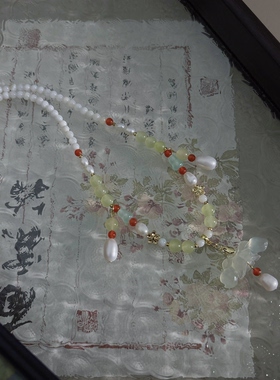 国风汉服莲花岫玉吊坠淡水珍珠短款璎珞项链百搭清新可调节锁骨链