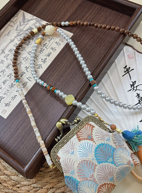 新中式檀木玛瑙禅意斜挎背链汉服中式马面裙项链配饰斜挎串珠链女