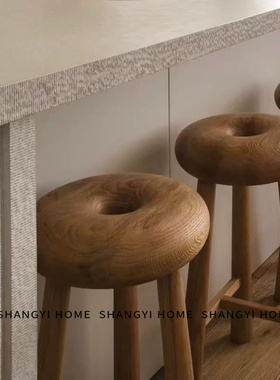 中古实木甜甜圈吧椅法式复古家用岛台椅简约吧台椅酒吧高脚凳椅子