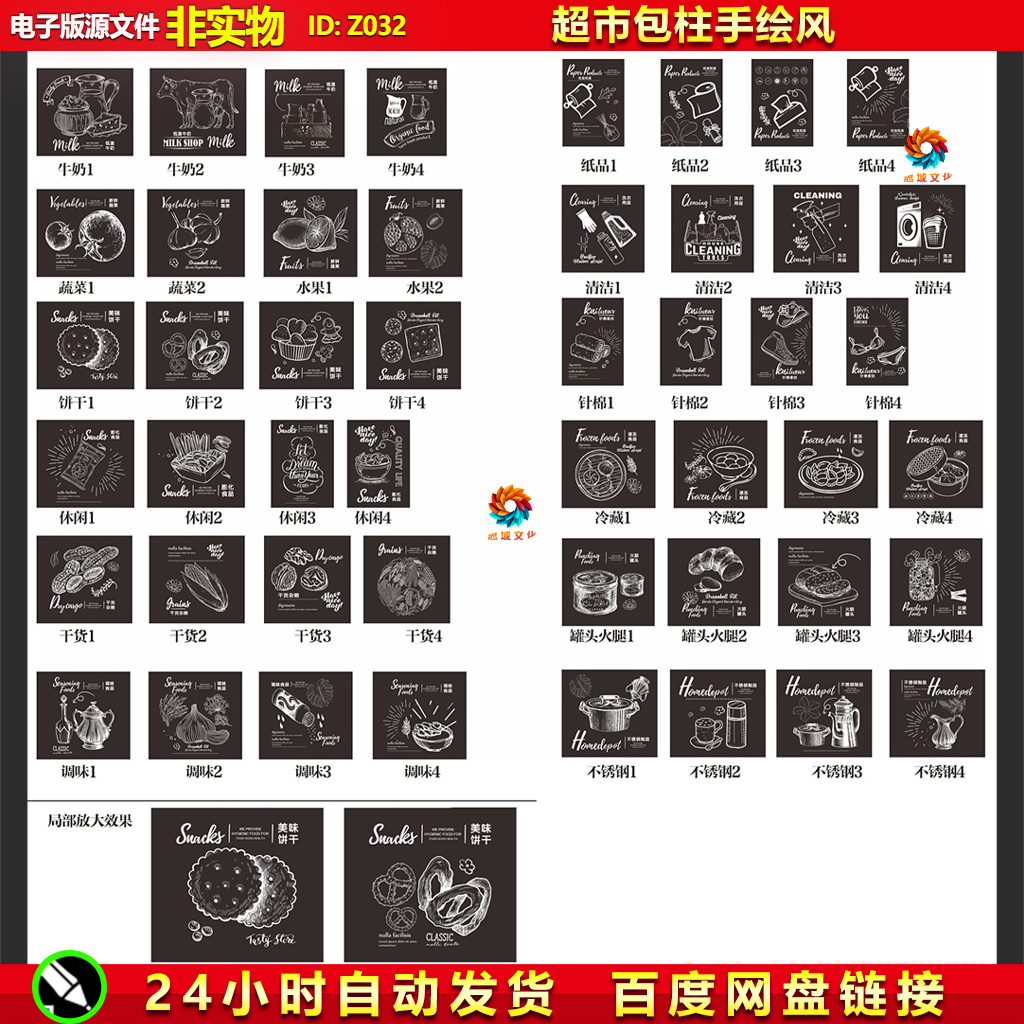 手绘超市包柱超市装饰画牛奶纸品蔬菜水果洗涤家纺调味区CDR素材图片