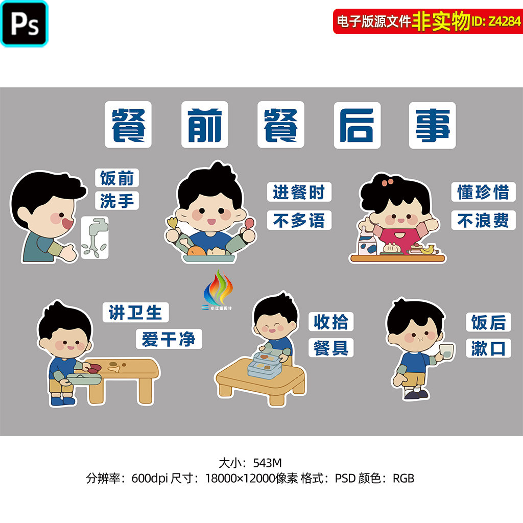 儿童餐前餐后事卡通形象标语漫画幼儿园用餐文化墙贴纸插画PS素材