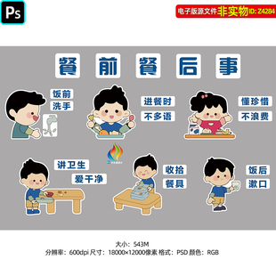 儿童餐前餐后事卡通形象标语漫画幼儿园用餐文化墙贴纸插画PS素材