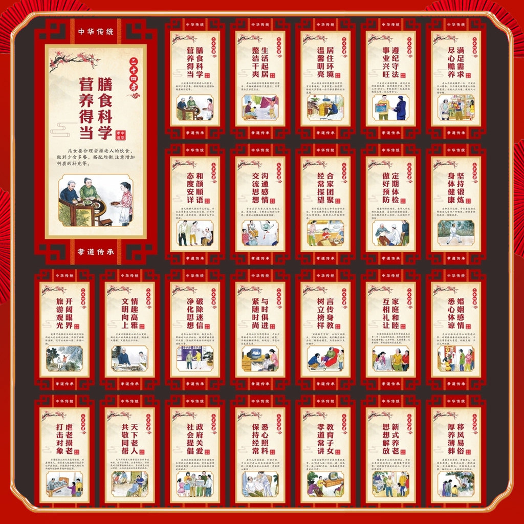 新二十四孝展板挂图关爱老人社区文化标语人物故事CDR素材模板