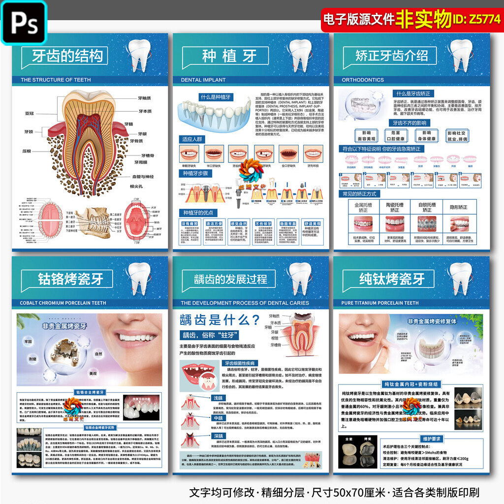 牙科装饰画口腔医院诊所挂图挂画种植牙烤瓷牙海报牙齿结构ps素材