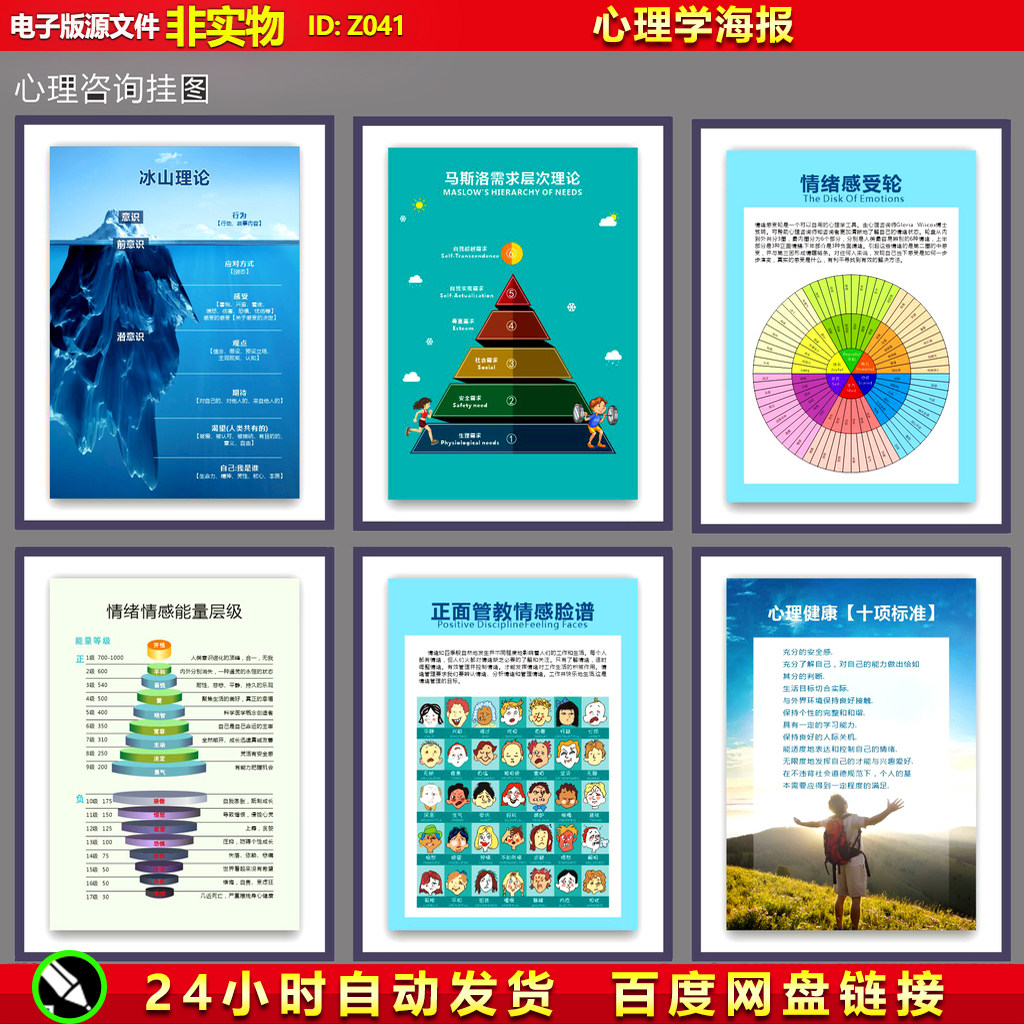 心理学咨询室挂图心理培训冰山理论情绪感受轮海报cdr素材模板