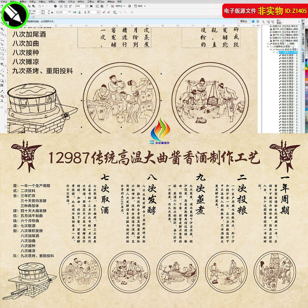 12987酱香酒工艺制作流程图酿酒文化展板挂图古代酿酒图CDR素材