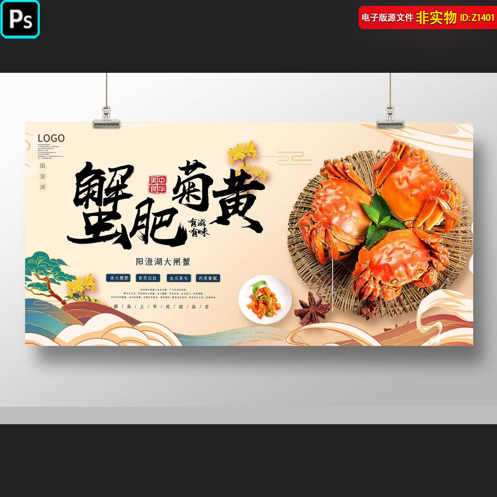 阳澄湖大闸蟹展板海报美食灯箱中秋大闸蟹宣传单蟹肥菊黄PSD素材