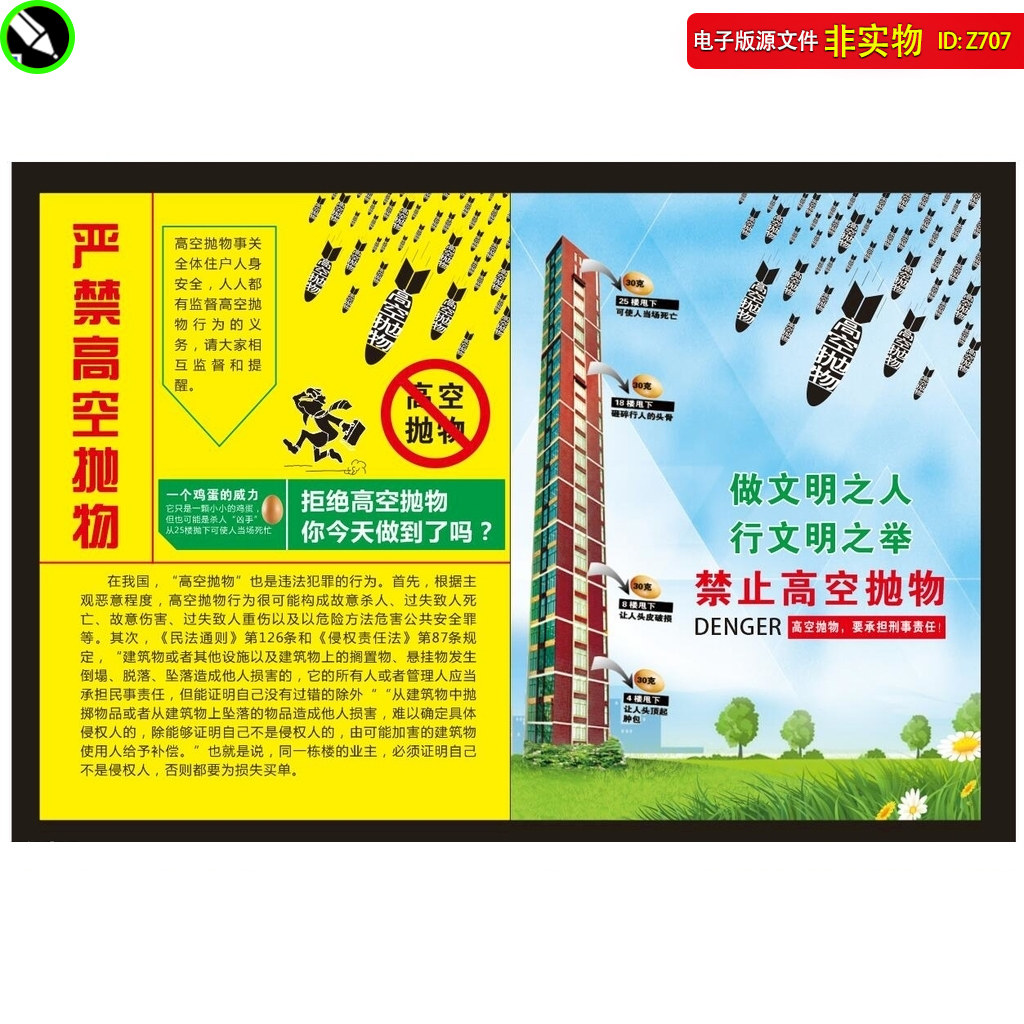 严禁高空抛物展板挂图物业小区宣传电梯文明公益海报CDR素材模板