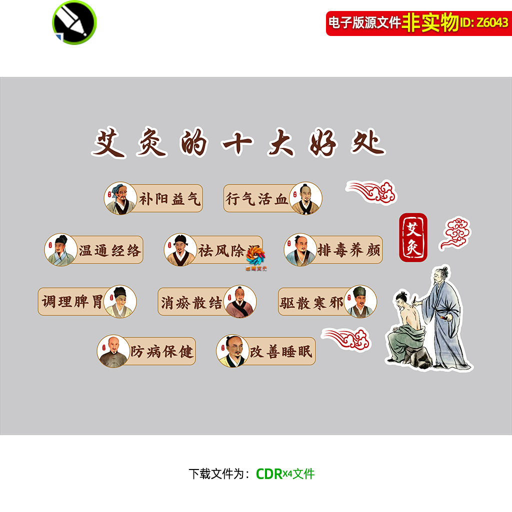 艾灸的十大好处文化墙形象墙中医养生背景墙挂图养生馆装饰画素材