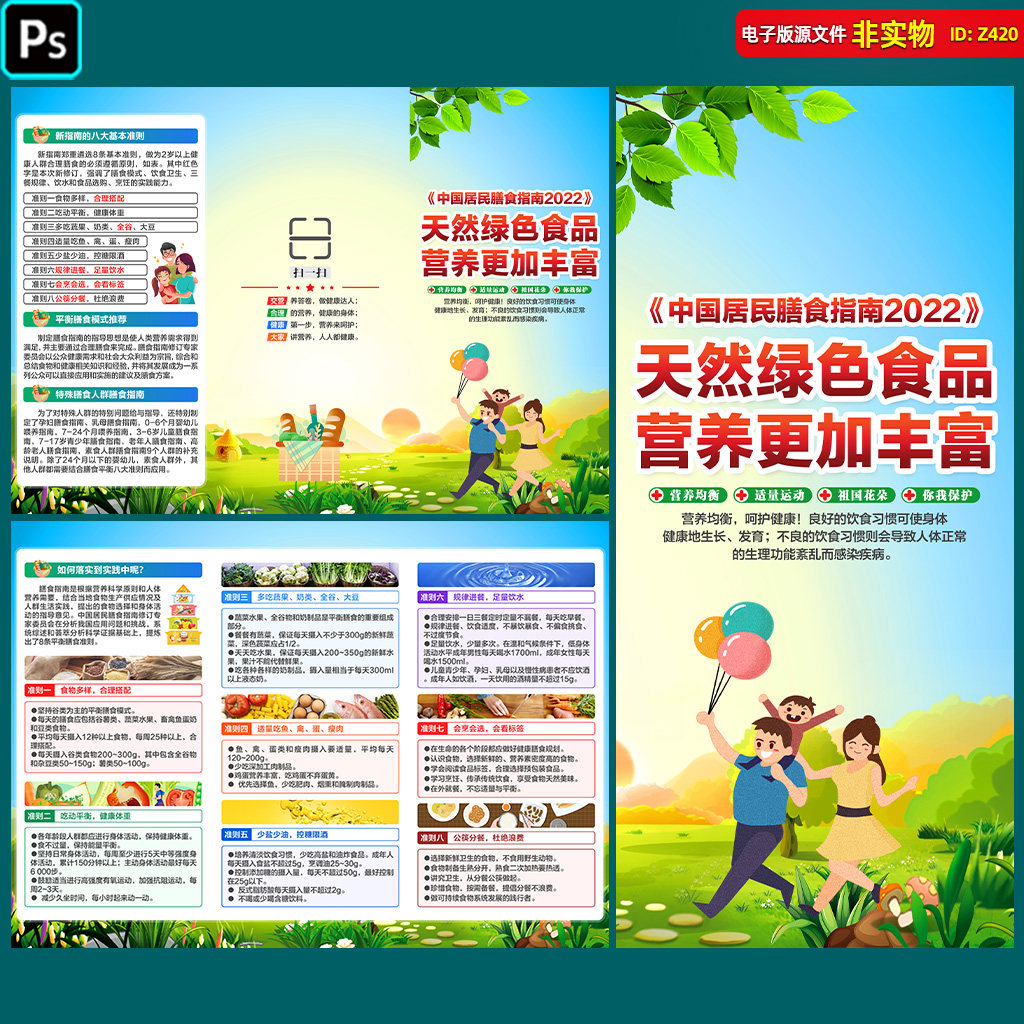 中国居民膳食指南三折页平衡膳食展板健康饮食教育知识PS素材模板