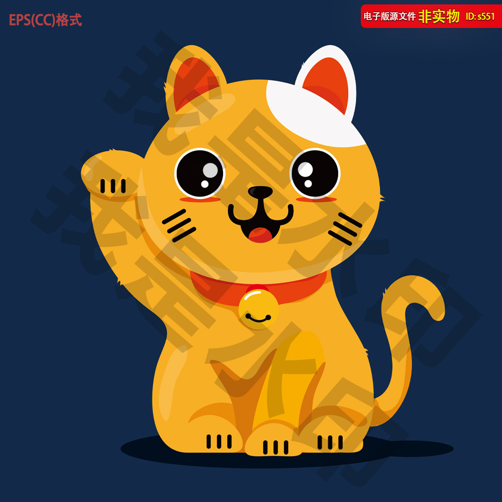 手绘卡通招财猫文创插图年画卡通玩具幸运铃铛猫挂图挂画AI素材