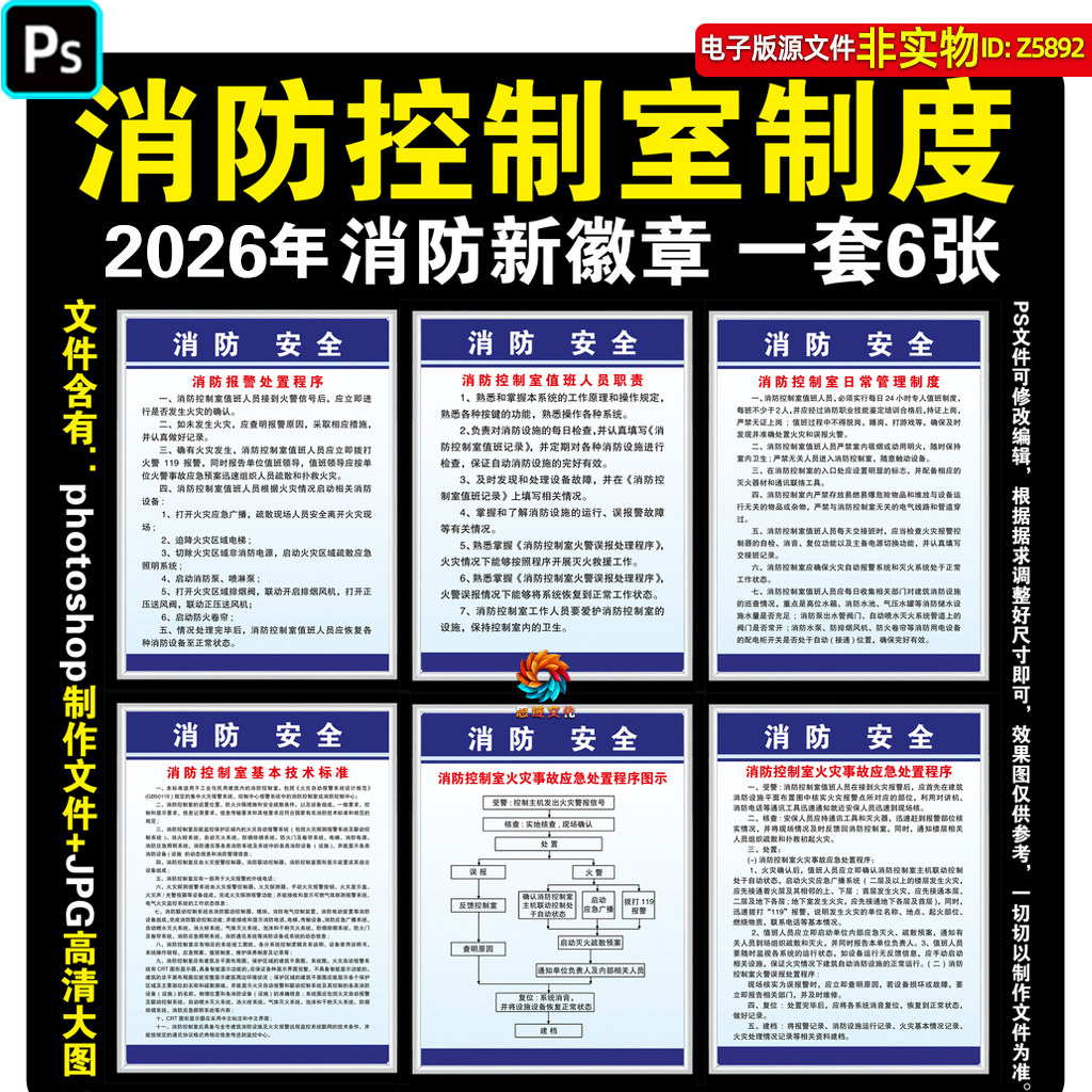 消防控制室制度牌挂图展板火灾事故应急处置海报值班人员职责素材