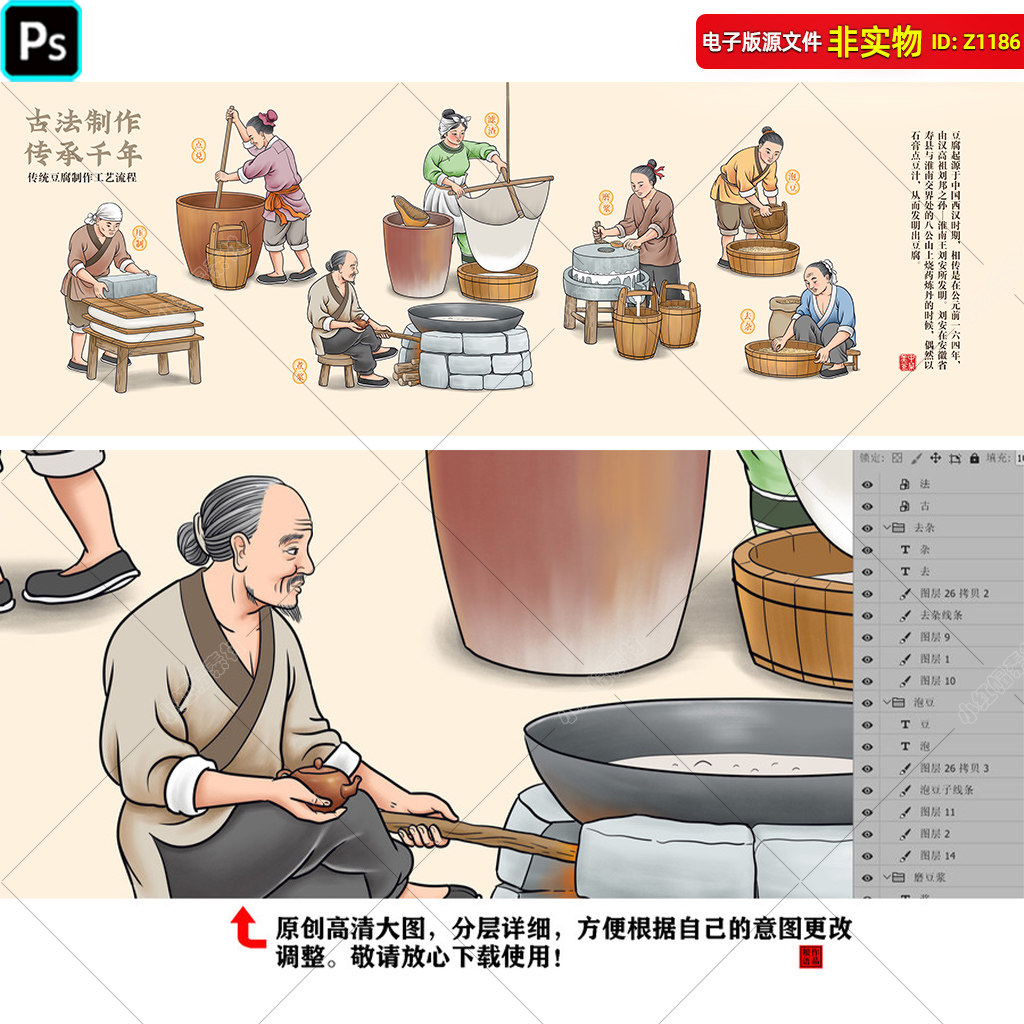 古法豆腐制作工艺流程图壁画手工石磨豆腐手绘插画传统工艺PS素材